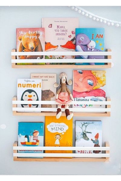 EMTA 50 cm 3 Piece White Slatted Montessori Shelf Wooden Bookshelf Wall Shelf Children's Room Accessory Decoration