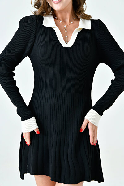 bayansepeti Μαύρο πλεκτό φόρεμα Polo Neck - Μακρυμάνικο, Flared Cut 14169