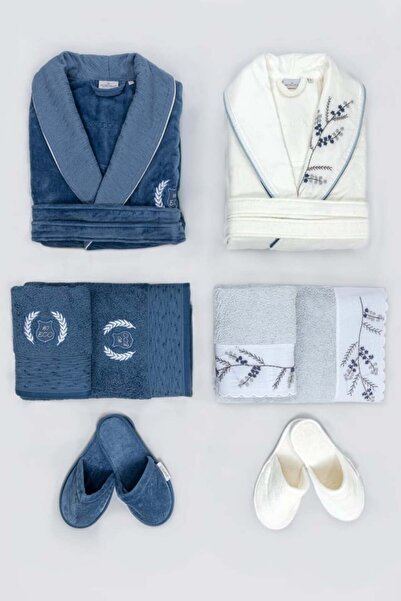 egem tekstil Eco cotton Derin Aile Bornoz Seti %100 Organik Pamuk Nakışlı Kre...