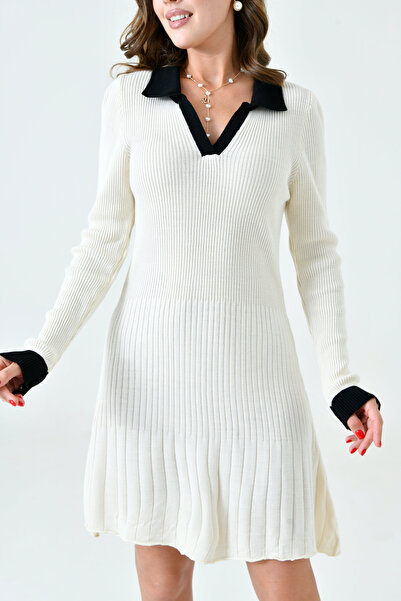 bayansepeti Rochie din tricot crem cu gât polo - mânecă lungă, croială evazată 14169