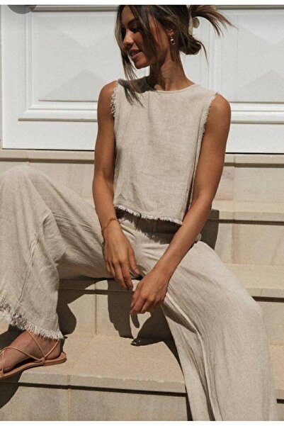 Liora طقم بنطلون بلوزة كتان بيج نسائي