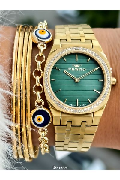 FERRO Brand Steel Cord Yellow Color Thin Case Jewelled Women's Wrist Watch + Evil Eye Beaded Bracelet