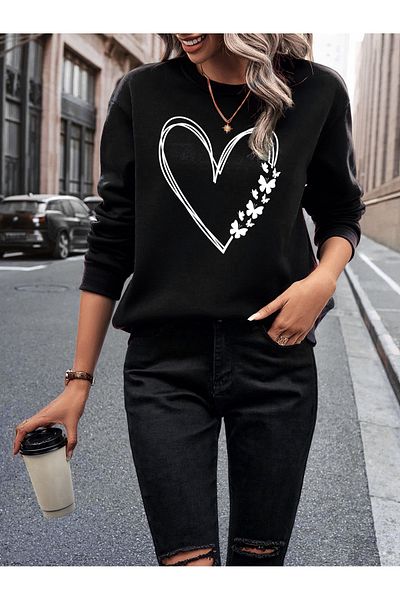 MODARİCH Hanorac oversize cu inimă fluture - Imprimat negru, decolteu ridicat
