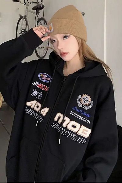 MODARİCH 404 Mob Black Cardigan - Winter Oversize Hoodie with Zippered Pocket Detail