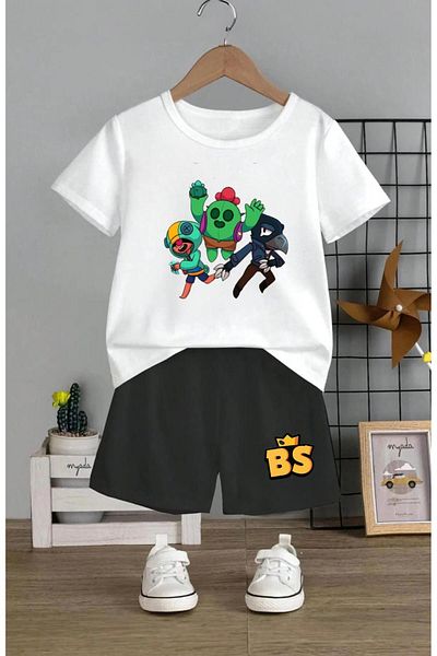 Massgai Brawl Stars Bs Crow Patterned Children's Cotton T-Shirt and Shorts Set