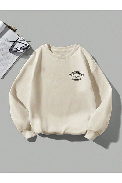 MODARİCH Μπεζ Oversize Sunshine Smiling Sweatshirt - Crew Neck