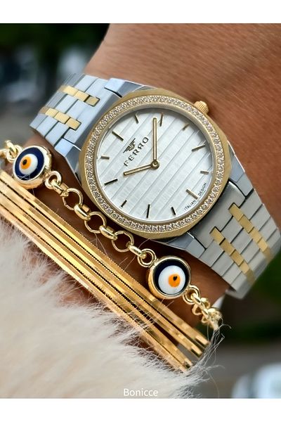 FERRO Brand Steel Cord Yellow Color Thin Case Jewelled Women's Wrist Watch + Evil Eye Beaded Bracelet
