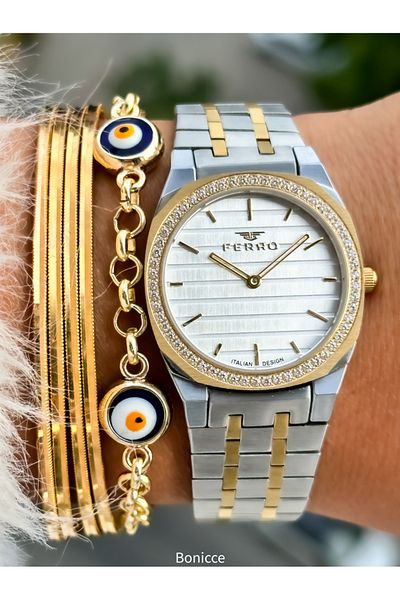 FERRO Brand Steel Cord Yellow Color Thin Case Jewelled Women's Wrist Watch + Evil Eye Beaded Bracelet