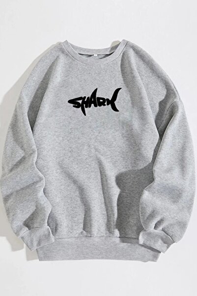 MODARİCH Gray Oversize Raised Crew Neck Shark Patterned Sweatshirt