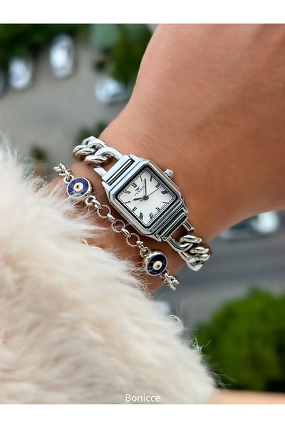 FERRO Brand Steel Chain Cord Silver Color Small Mini Case Women's Wrist Watch + Evil Eye Beaded Bracelet