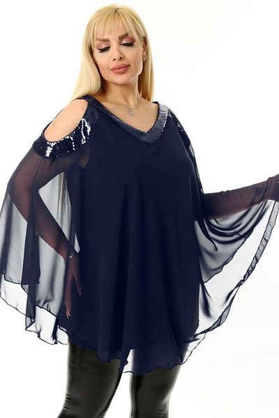 Kheos Cool and Stylish Tulle Chiffon Blouse with V-Neck, Off-the-Shoulder and Sequin Sequin Lining on the Shoulder and Collar