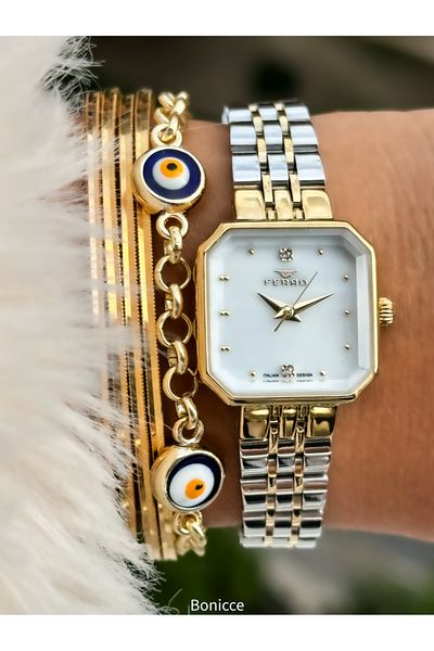 FERRO Brand Steel Cord, Silver Color, Small Cornered Case Women's Wrist Watch + Evil Eye Beaded Bracelet