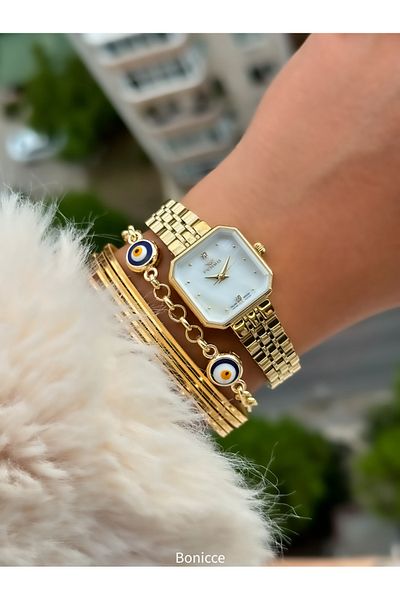 FERRO Brand Steel Cord, Yellow Color, Small Cornered Case Women's Wrist Watch + Evil Eye Beaded Bracelet