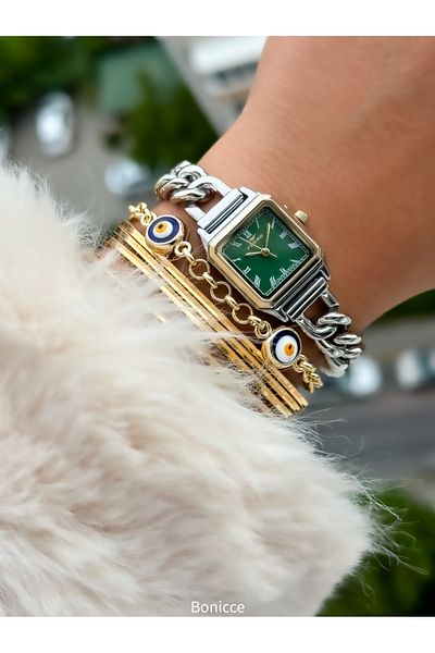FERRO Brand Steel Chain Cord Silver Color Small Mini Case Women's Wrist Watch + Evil Eye Beaded Bracelet