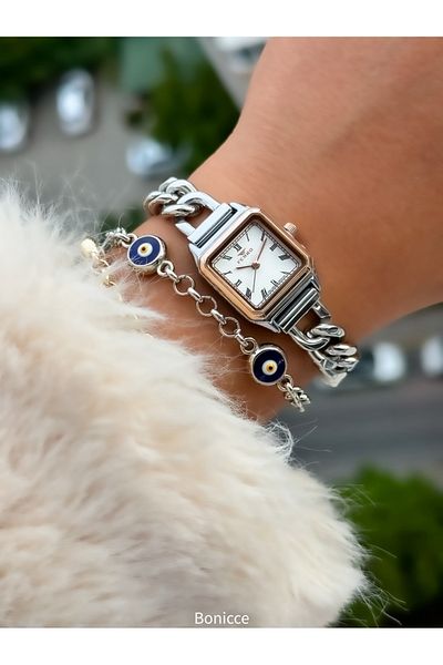 FERRO Brand Steel Chain Cord Silver Color Small Mini Case Women's Wrist Watch + Evil Eye Beaded Bracelet