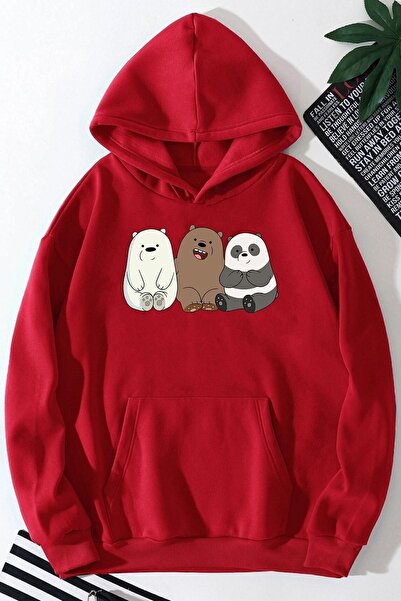 MODARİCH Hanorac roșu supradimensionat cu glugă - Kafadar Bears Printed