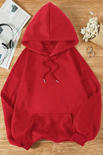 MODARİCH Basic Düz Sweatshirt - Kırmızı Oversize Şardonlu Kapüşonlu