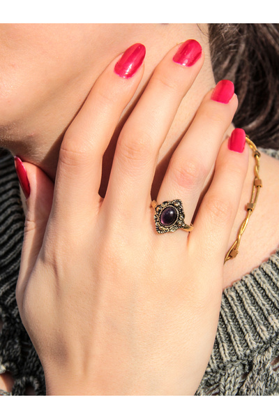 esha Doğal Taş Ametist Doğal Taşlı Antik Ayarlanabilir Kadın Yüzük