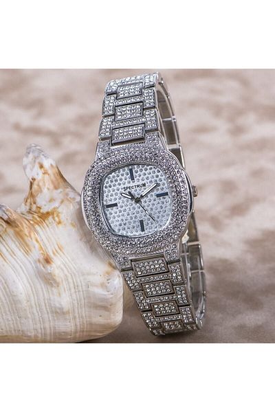 Spectrum Stylish Design Silver Color Jewelled Case Brand Ladies Wrist Watch St-303701