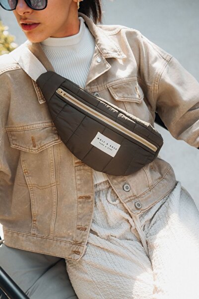 WOLF & ROCK Wolf&Rock Gold Detaylı Haki Kapitone Kumaş Bel ve Omuz Çantası