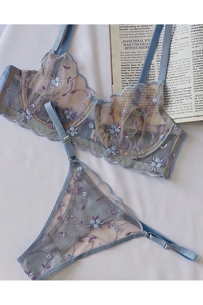 SİLVER MİRROR Set chiloți sutien cu sârmă Bluday albastru floral