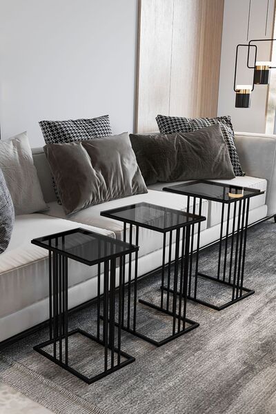 Dekoport Bella Siyah Zigon Sehpa Yan Sehpa / Füme Cam