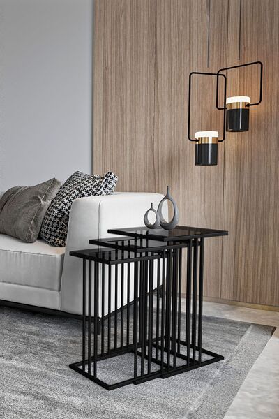 Dekoport Bella Siyah Zigon Sehpa Yan Sehpa / Füme Cam