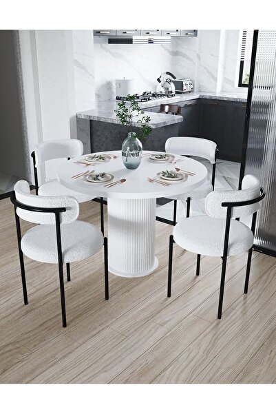 Dekoport Eylül Masa Sandalye Takımı Yuvarlak Masa 4 Sandalye Bukle - Teddy Kumaş Mutfak Masası Yemek Masası