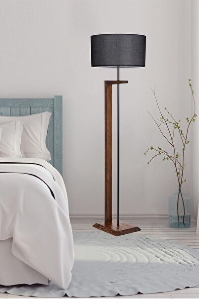 Lumexx Menekşe Ceviz Ahşap Lambader Silindir Hasır Siyah Abajurlu