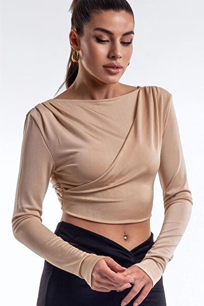 LorraJo Arka Beden Düğümlü Pencere Detaylı Bej Buzı Crop Top