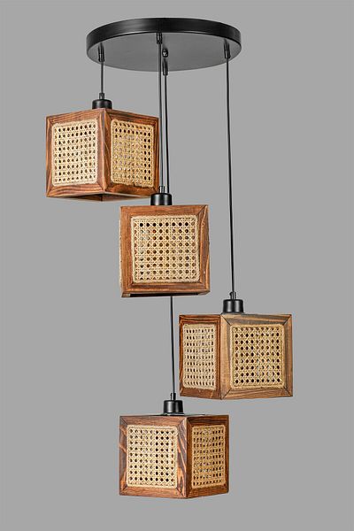 Lumexx KUMSAL Walnut Rattan Chandelier Set with 4 Trays