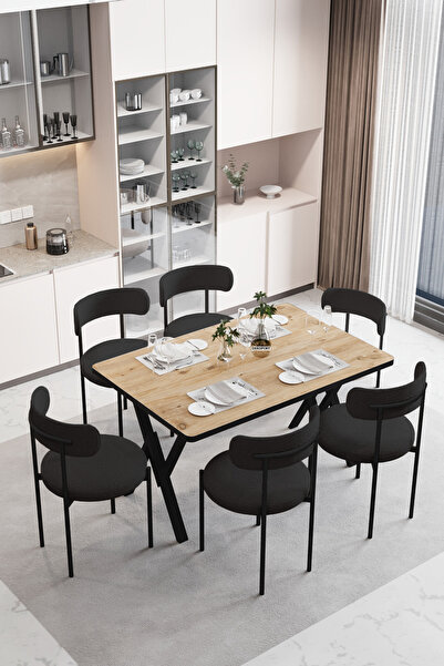 Dekoport Luna 6 Kişilik 80*140 Masa Takımı Teddy Kumaş Sandalye Mutfak Masa T...