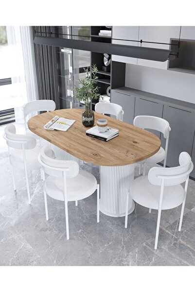 Dekoport Eylül Masa Sandalye Takımı Yemek Masası 6 Sandalye Teddy-Bukle Kumaş...