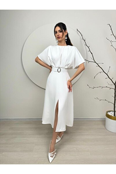 VİVERA BOUTİQUE Beyaz Midi Boy Kemerli Elbise