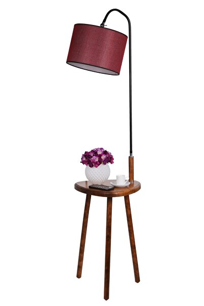 Lumexx Demet Sehbalı Ahşap Lambader Ceviz Silindir Hasır Bordo Abajurlu