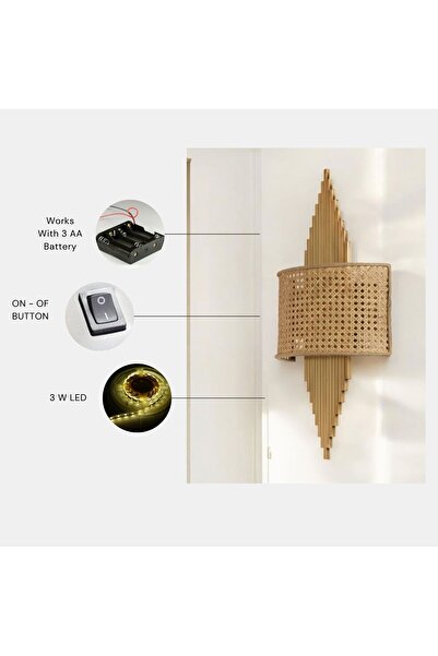 Lumexx Yeni Aslı Pilli Eskitme Dikdörtgen Rattan Abajurlu Aplik