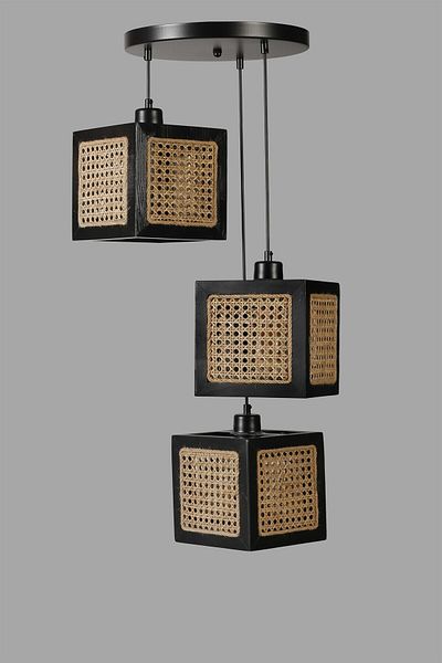 Lumexx KUMSAL Set of 3 Black Rattan Chandelier - With Tray