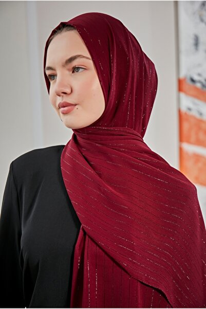 Scarf Şeffaf Simli Krinkıl Şifon Şal - Bordo -
