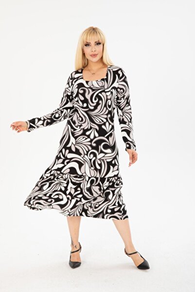 mezura tekstil Plus Size Comfortable Viscose Dress - Knee-Length Square Collar, Long Sleeve