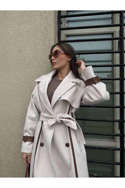 My Blog Béžový dlouhý kabát se vzorem Houndstooth – kožený proužek a pásek – 43886