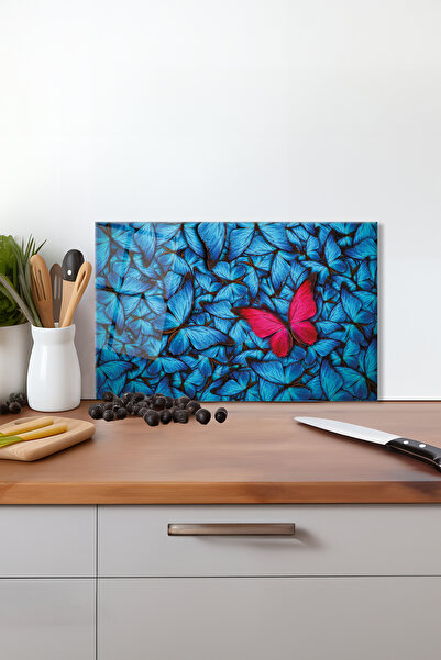 Vosevu Blue Red Butterfly Glass Cutting Board, Silicone Leg Heat Resistant Pr...