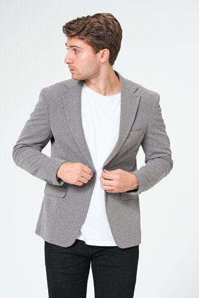 Genel Markalar Gri Mendil Detay Blazer, Klasik Slim Fit Erkek Ceket