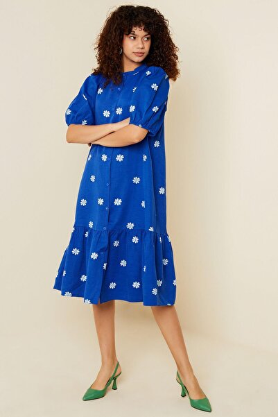 Swist Blue Balloon Sleeve Magnetic Collar Shirt Dress