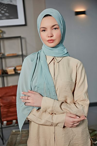 Scarf Şal din șifon Arya cu dungi fanteziste - Ice Blue -