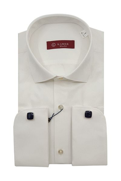 KAMER قميص رجالي من الساتان الكريمي - Slimfit، أساور مزدوجة، أزرار أكمام، ياقة كلاسيكية 2104kr