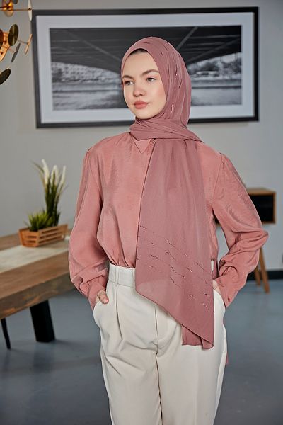 Scarf Şal din șifon Arya cu dungi fanteziste - Dusty Rose -