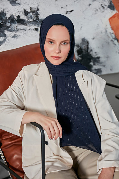 Scarf Şeffaf Simli Krinkıl Şifon Şal - Lacivert -