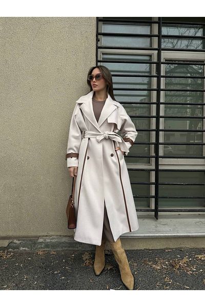 My Blog Béžový dlouhý kabát se vzorem Houndstooth – kožený proužek a pásek – 43886