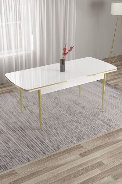 Canisa Tia Serisi Mdf 80x132 Açılabilir Beyaz Gold Detay Yemek Masası Takımı Ve 4 Krem Sandalye