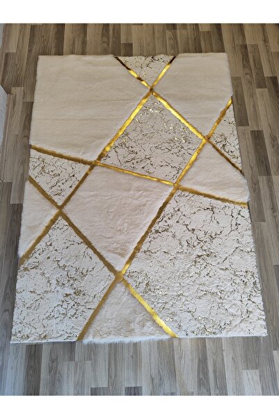KuzeyCarpet Gold Çizgili Ekru Renk Geometrik Peluş Halı